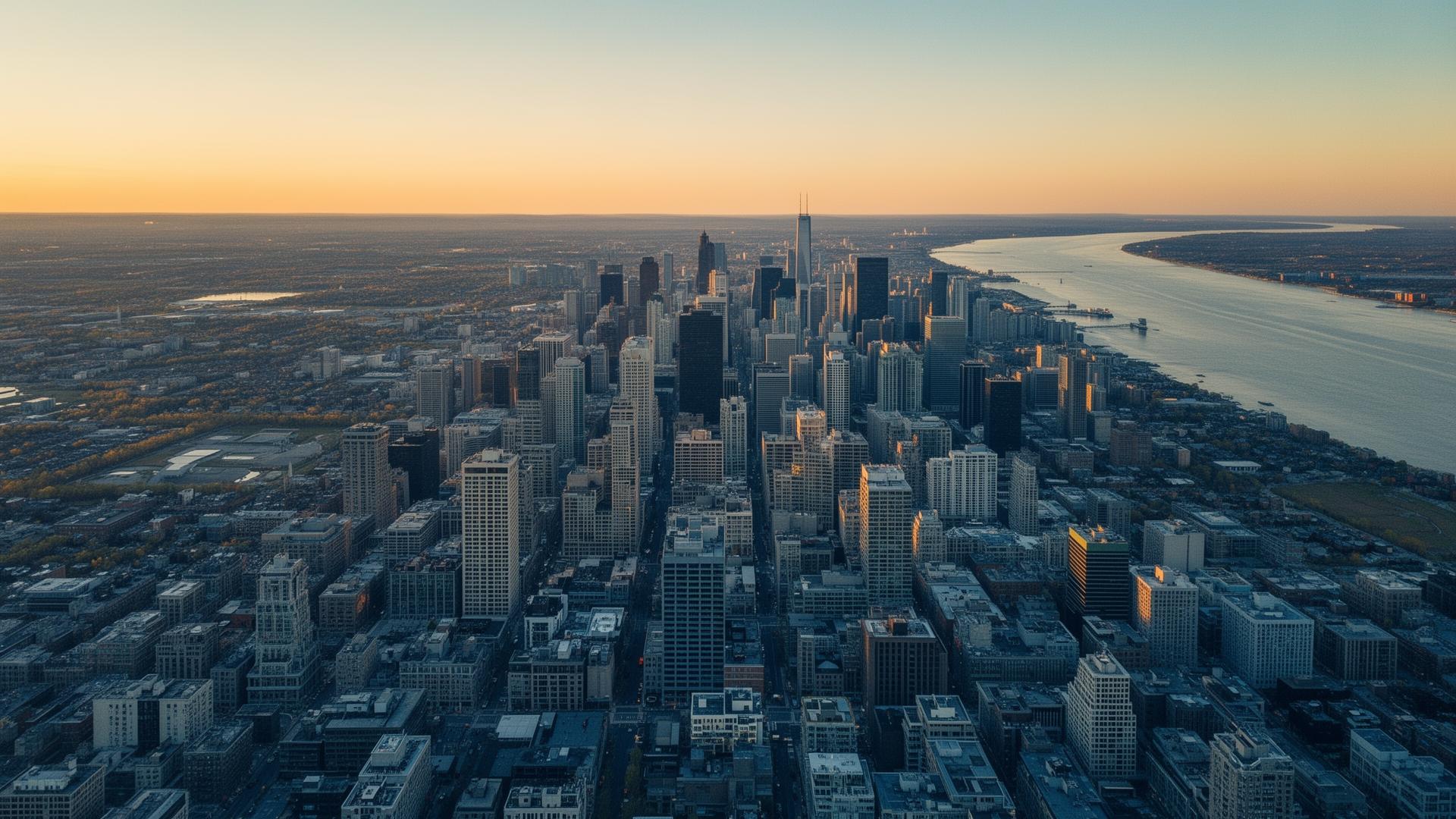 Aerial view of Greater Montreal at sunset